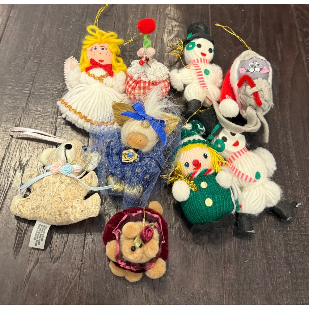 Christmas Holiday Ornaments Multicolor Vintage Yarn Felt Lot of 9 Clown Bear